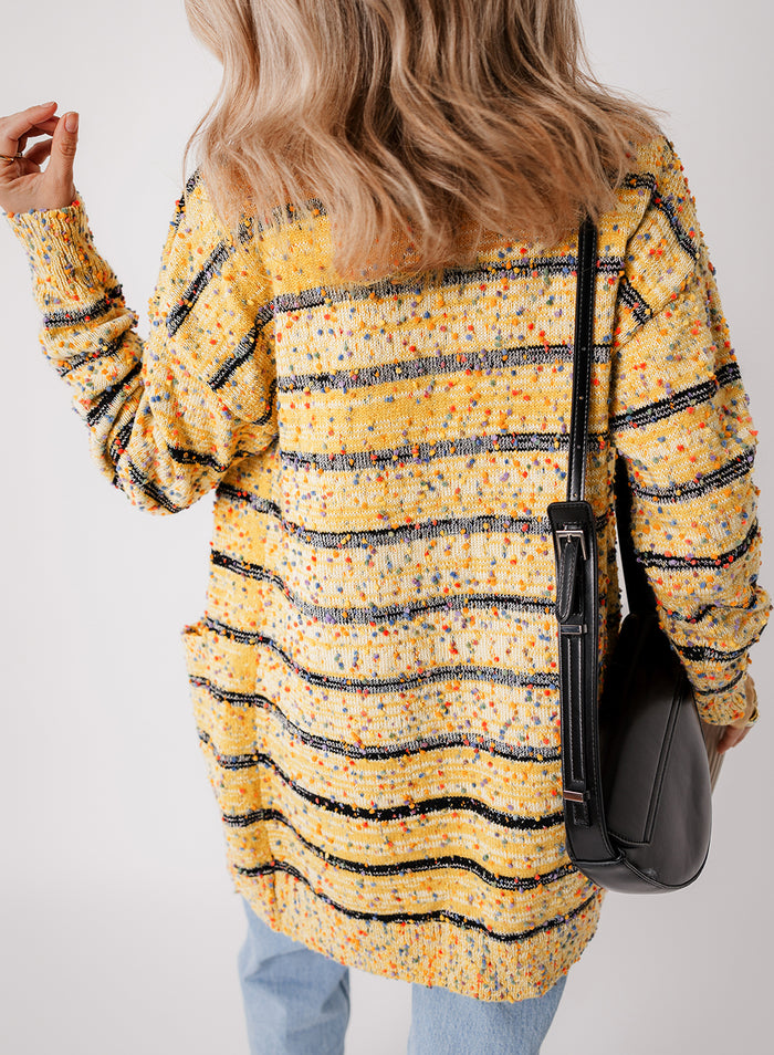 Beige Striped Pom Pom Knit Open Front Long Cardigan 🇨🇳
