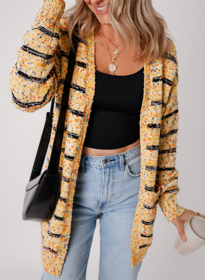 Beige Striped Pom Pom Knit Open Front Long Cardigan 🇨🇳