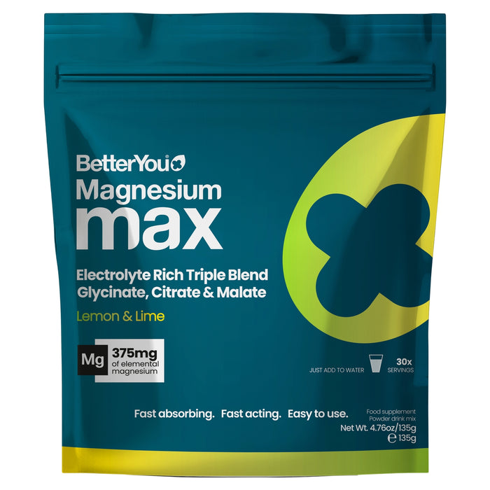 BetterYou Magnesium Max Lemon & Lime 135g teal resealable pouch with yellow-green logo, 375mg magnesium, 30 servings, white background.