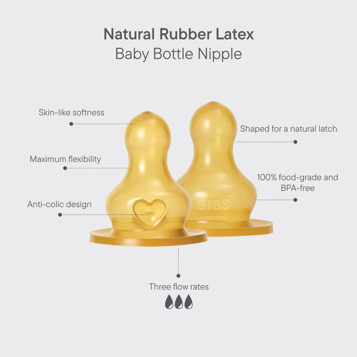 Two yellow BIBS Baby Bottle Nipples in round latex on a light grey background with feature callouts and "Natural Rubber Latex Baby Bottle Nipple" text.