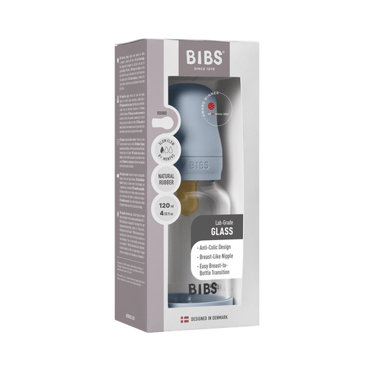 BIBS Glass Baby Bottle 120ml Slow Flow in Baby Blue packaging on white background, labeled Round, Natural Rubber, Lab-Grade Glass, Designed in Denmark
