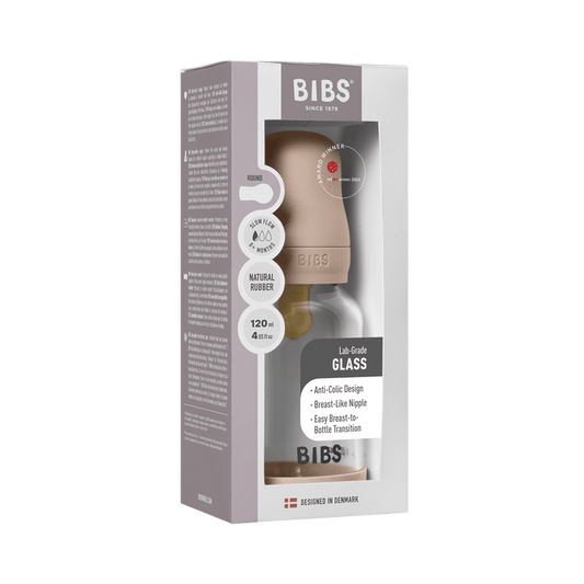BIBS Glass Baby Bottle Round 120ml Slow Flow Blush in packaging, lab-grade glass, natural rubber nipple, on white background.