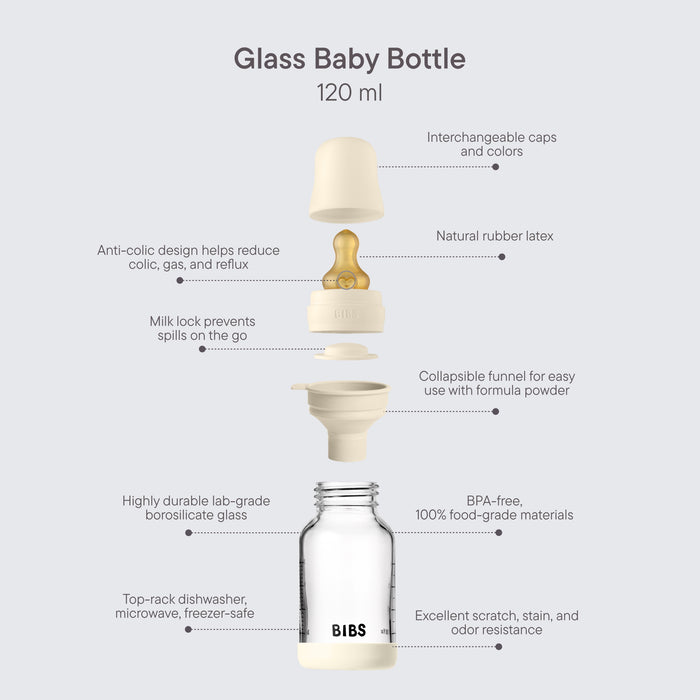 BIBS Glass Baby Bottle 120ml exploded view on grey background showing cap, latex teat, funnel and borosilicate glass bottle with feature callouts