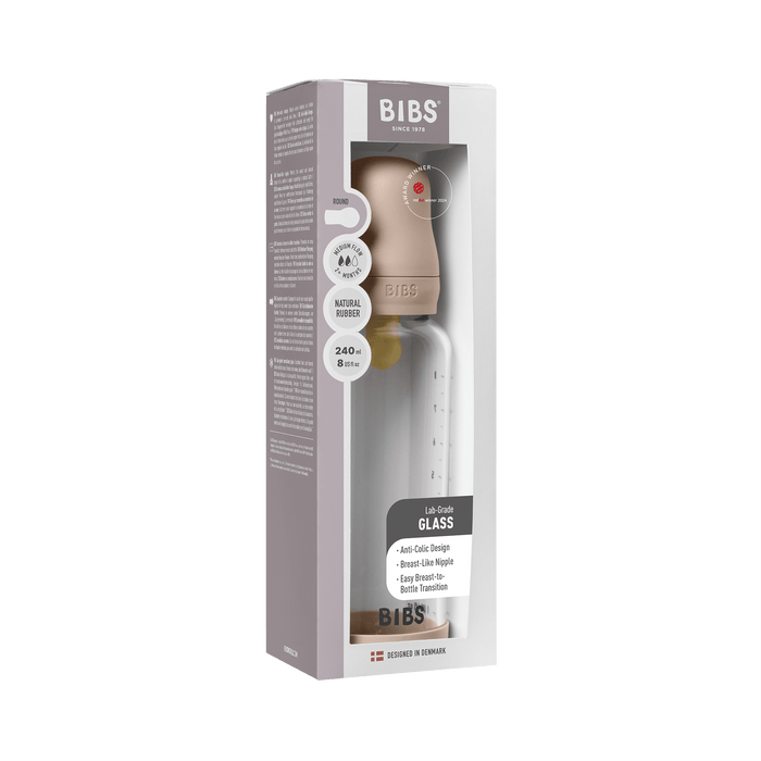 BIBS Glass Baby Bottle Round Latex 240ml Medium Flow Blush in mauve packaging on white background