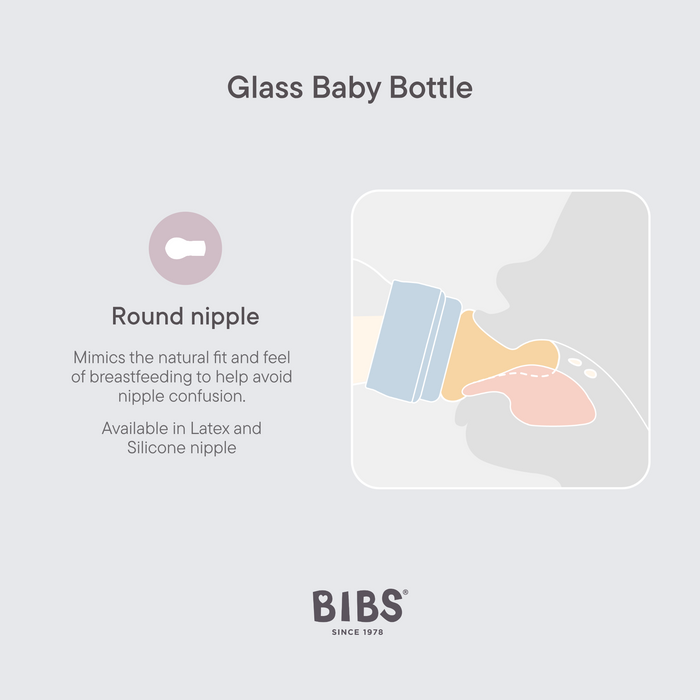 BIBS Glass Baby Bottle round nipple illustration on light grey background, showing bottle feeding diagram with "Round nipple" text, BIBS Since 1978