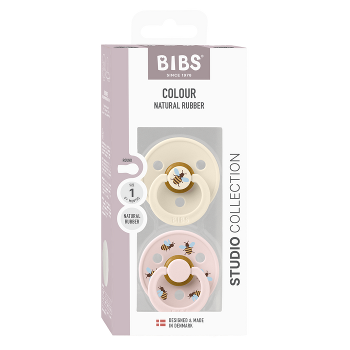 BIBS Studio Colour 2 Pack Bumblebee pacifiers, ivory and blush, Size 1 Natural Rubber, on white background