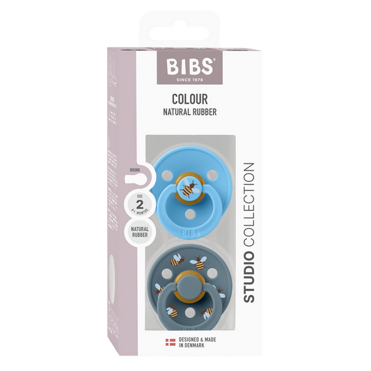 BIBS Colour Studio Collection 2-pack pacifiers, blue and slate with bee prints, Size 2, Natural Rubber, white background