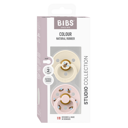 BIBS Studio Colour 2 Pack Bumblebee pacifiers, ivory and blush, Size 2 Natural Rubber, on white background
