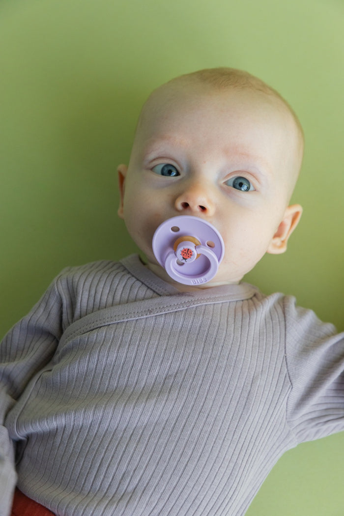 Baby using BIBS Pacifier Studio Colour Ladybug violet sky soother with ladybug detail, green background.