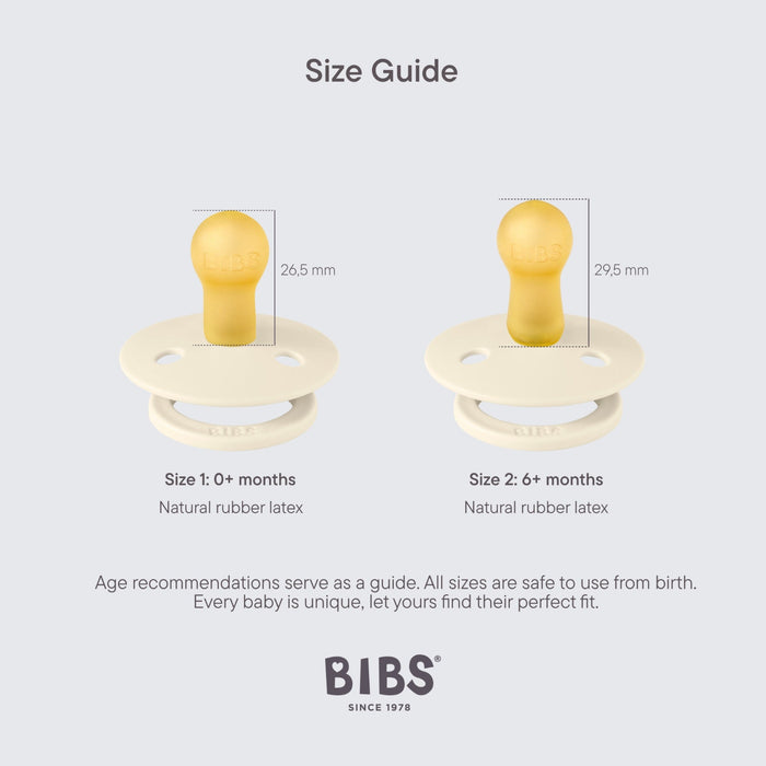 BIBS pacifier size guide showing Size 1 (26.5mm) and Size 2 (29.5mm) latex soothers on grey background