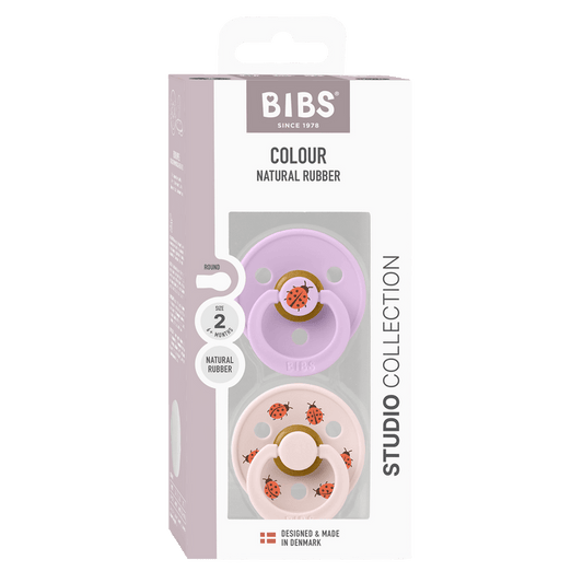 BIBS Studio Colour 2 Pack Ladybug pacifiers, violet and blush, ladybug print, Size 2, Natural Rubber, white box