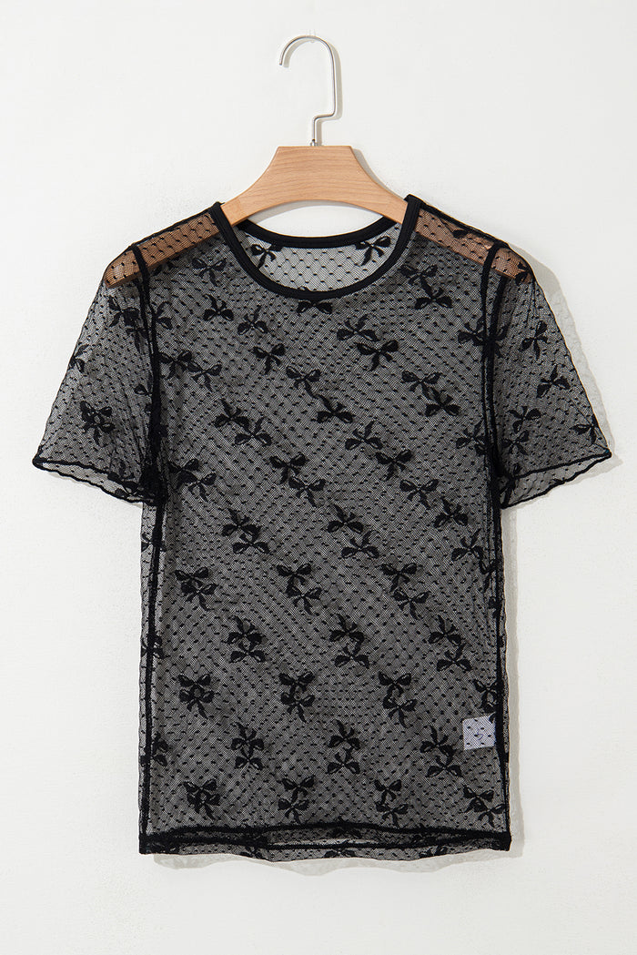Black Bow Knot Dotted See-through Mesh Patched Slim Fit Blouse