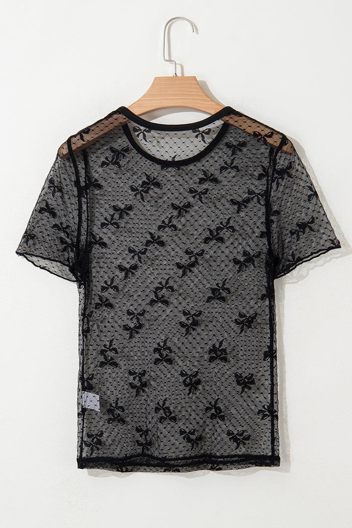 Black Bow Knot Dotted See-through Mesh Patched Slim Fit Blouse