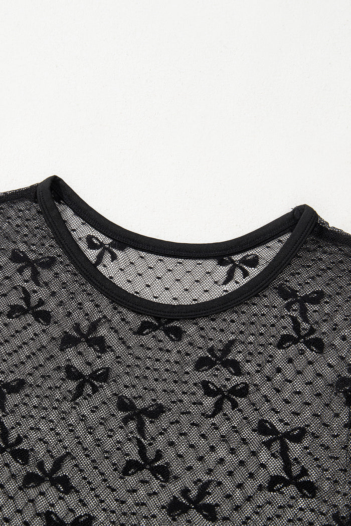 Black Bow Knot Dotted See-through Mesh Patched Slim Fit Blouse