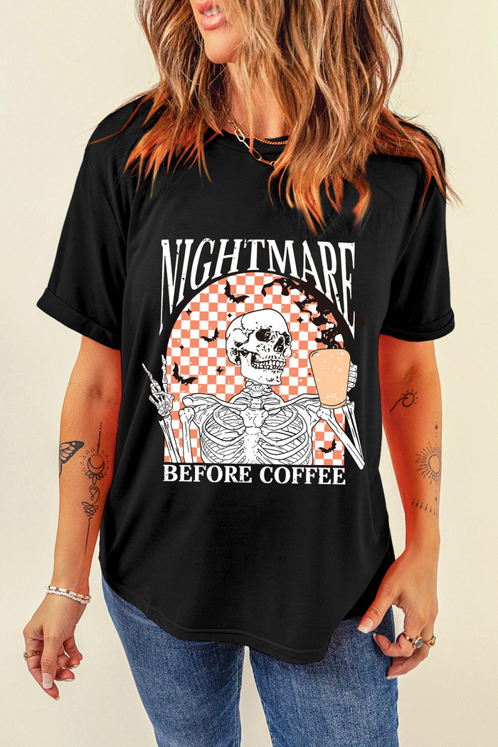 Black Nightmare Before Coffee Skull Checkerboard Graphic Halloween Tee 🇺🇲