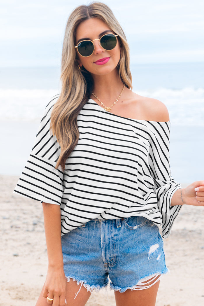 Black Stripe Half Sleeve Scoop Neck Loose Top 🇨🇳