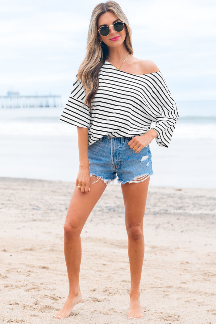 Black Stripe Half Sleeve Scoop Neck Loose Top 🇨🇳