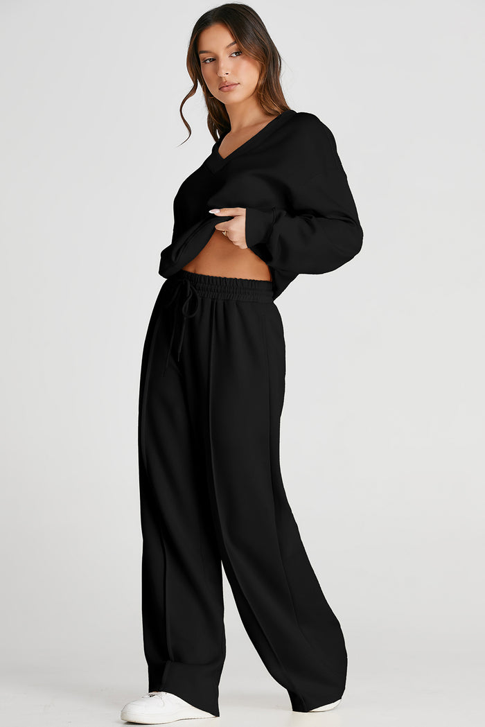 Black V Neck Cropped Seamed High Waist Sports Wear 🇺🇲