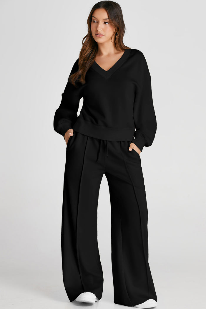 Black V Neck Cropped Seamed High Waist Sports Wear 🇺🇲