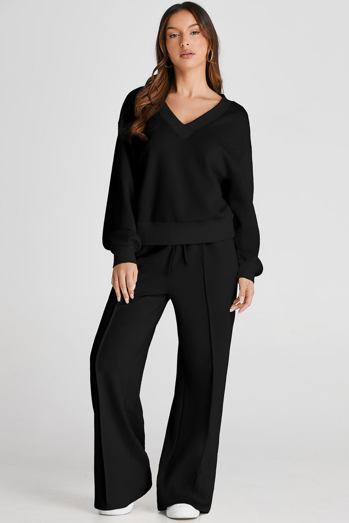Black V Neck Cropped Seamed High Waist Sports Wear 🇺🇲