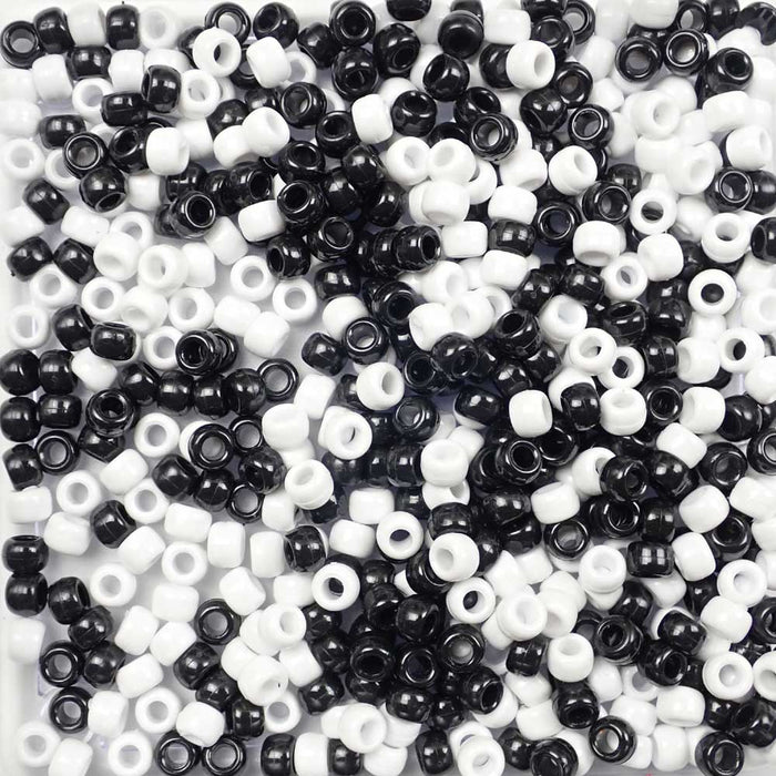 Black & White Mix Plastic Pony Beads 6 x 9mm, 1500 beads