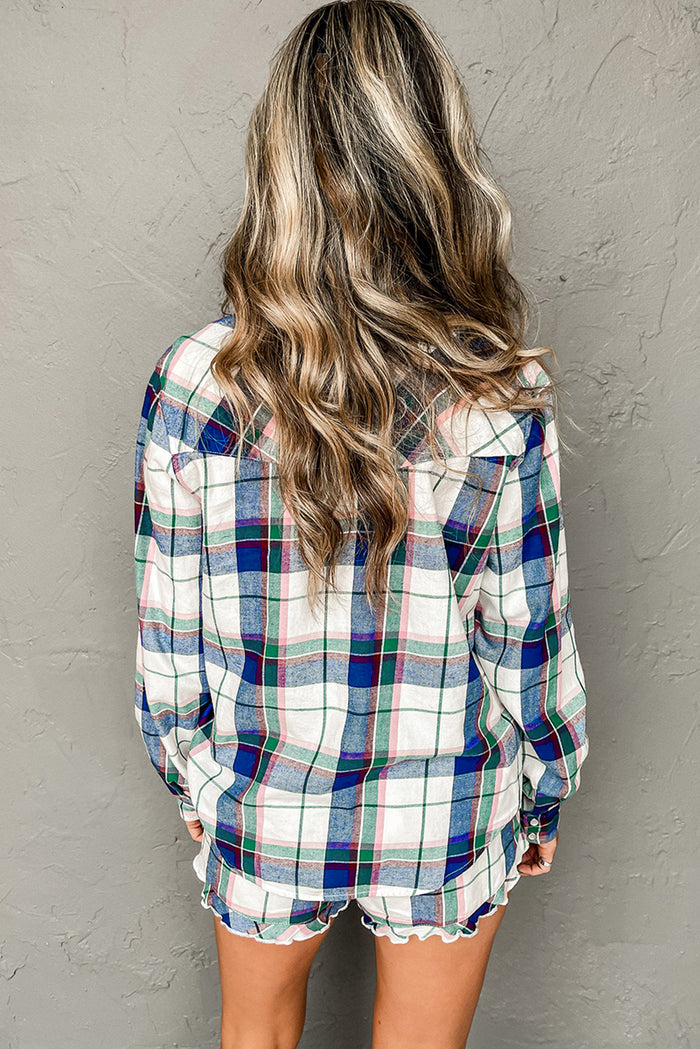 Blue Plaid Print Shirt and Shorts 2Pcs Lounge Set 🇨🇳