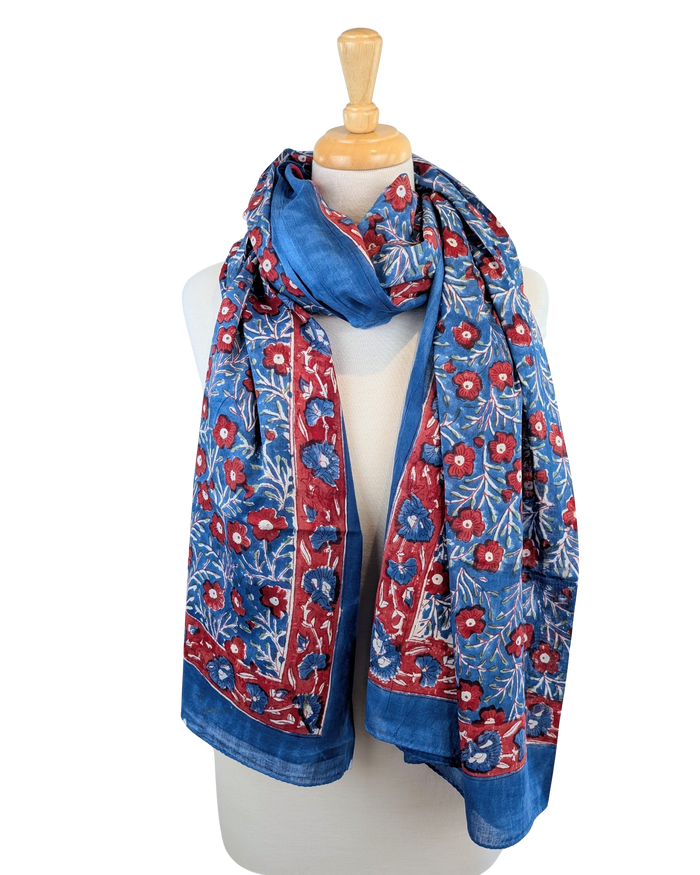 Blue & Red Floral Block Print Cotton Sarong Scarf - Precious Sparkle