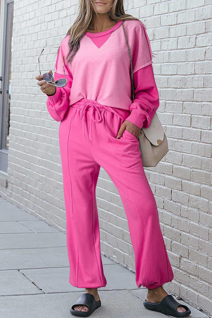 Bonbon Contrast Patchwork Pullover and Drawstring Joggers Set 🇨🇳
