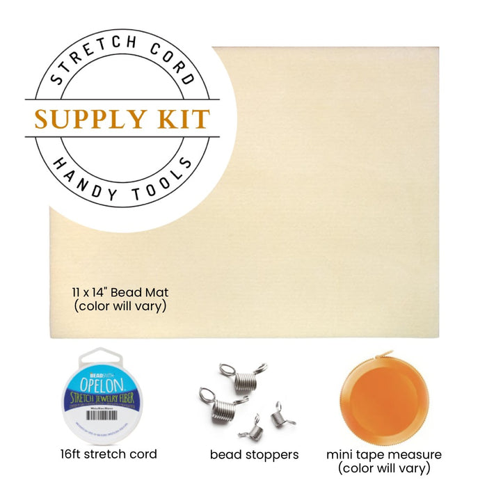 Bracelet making supply kit with various tools and materials on a white background
