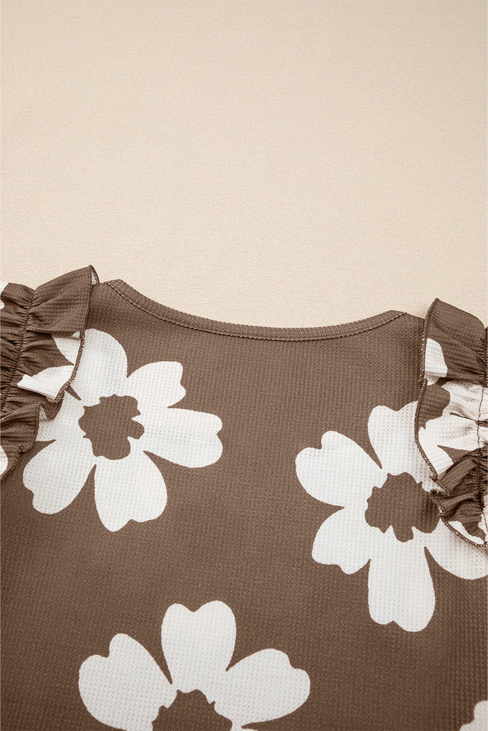 Brown Floral Textured Ruffled Short Sleeve Square Neck Blouse 🇺🇲