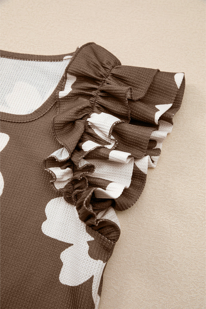 Brown Floral Textured Ruffled Short Sleeve Square Neck Blouse 🇺🇲