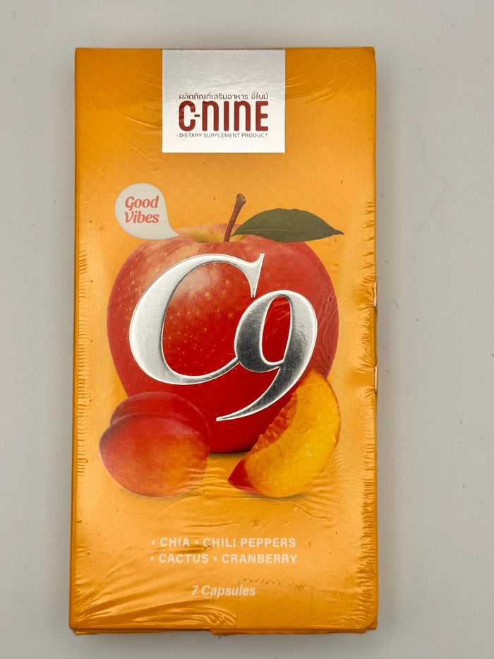 "Cnine Capsule box front showing 9C slimming and wellness supplement with chia, capsicum, CLA, and cranberry extract for weight management"