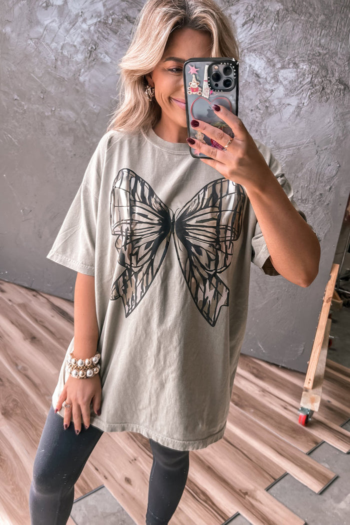 Casual Oversize Big Bow Printed Drop Shoulder Tunic Casual Tee 🇺🇲
