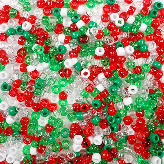 6 x 9mm Plastic Pony Beads in Christmas Colors of Red, Green and White