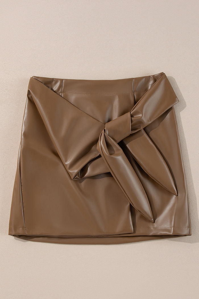Coffee Bowknot Faux Leather Mini Skirt 🇨🇳