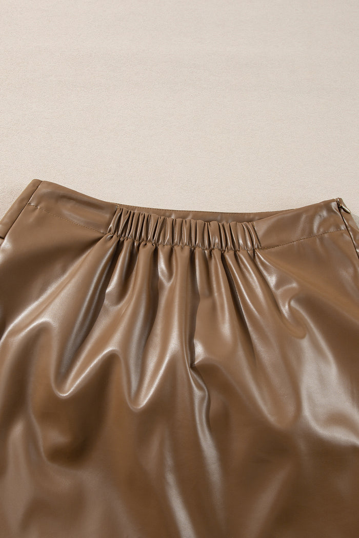 Coffee Bowknot Faux Leather Mini Skirt 🇨🇳