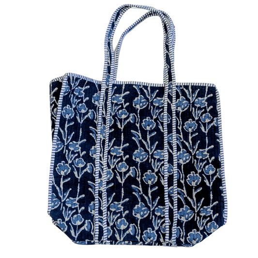 Cotton Quilted Indian Tote Bag Blue Trailing Flowers - Precious Sparkle