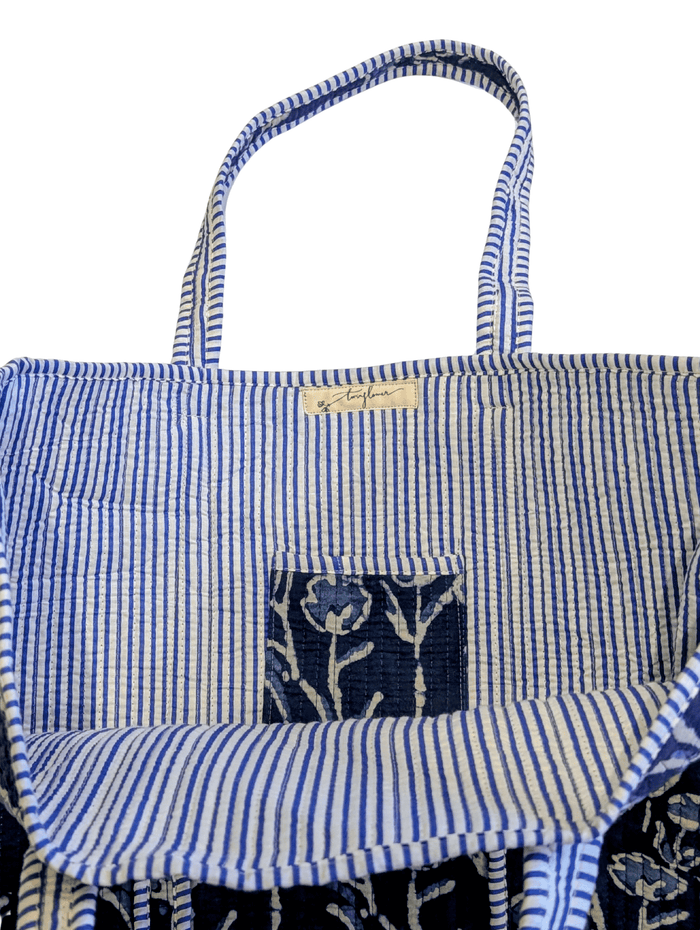Cotton Quilted Indian Tote Bag Blue Trailing Flowers - Precious Sparkle