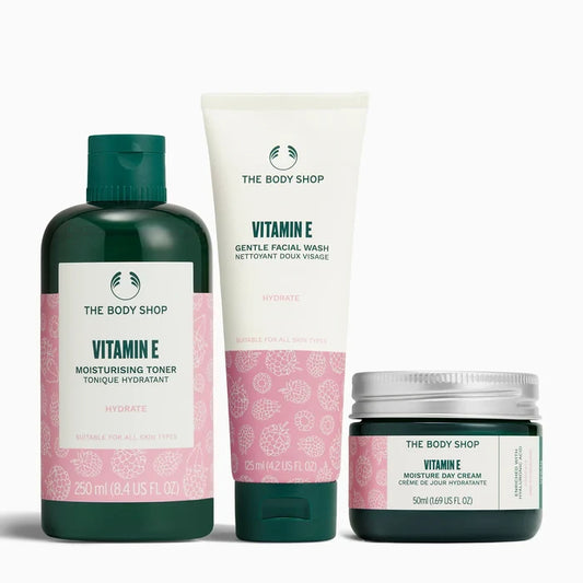 Vitamin E Daily Hydration Set, 3 products grouped together, face wash, toner, and day cream