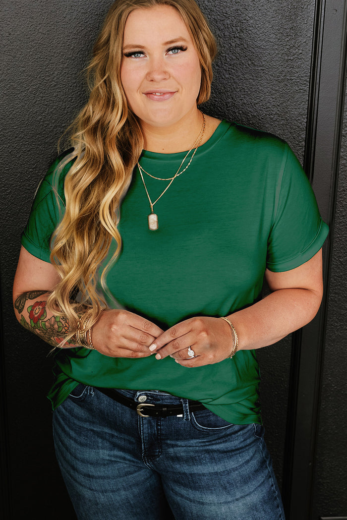 Dark Green Round Neck Rolled Sleeve Plus Size T-shirt 🇨🇳