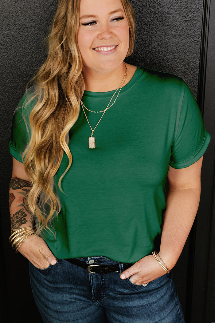 Dark Green Round Neck Rolled Sleeve Plus Size T-shirt 🇨🇳