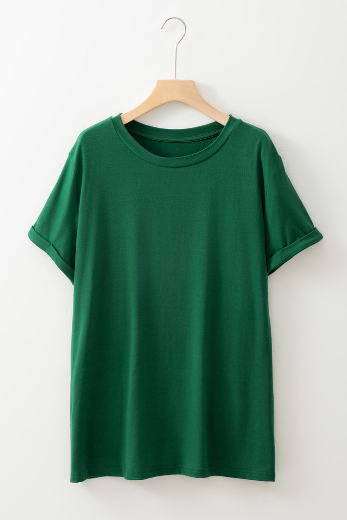 Dark Green Round Neck Rolled Sleeve Plus Size T-shirt 🇨🇳