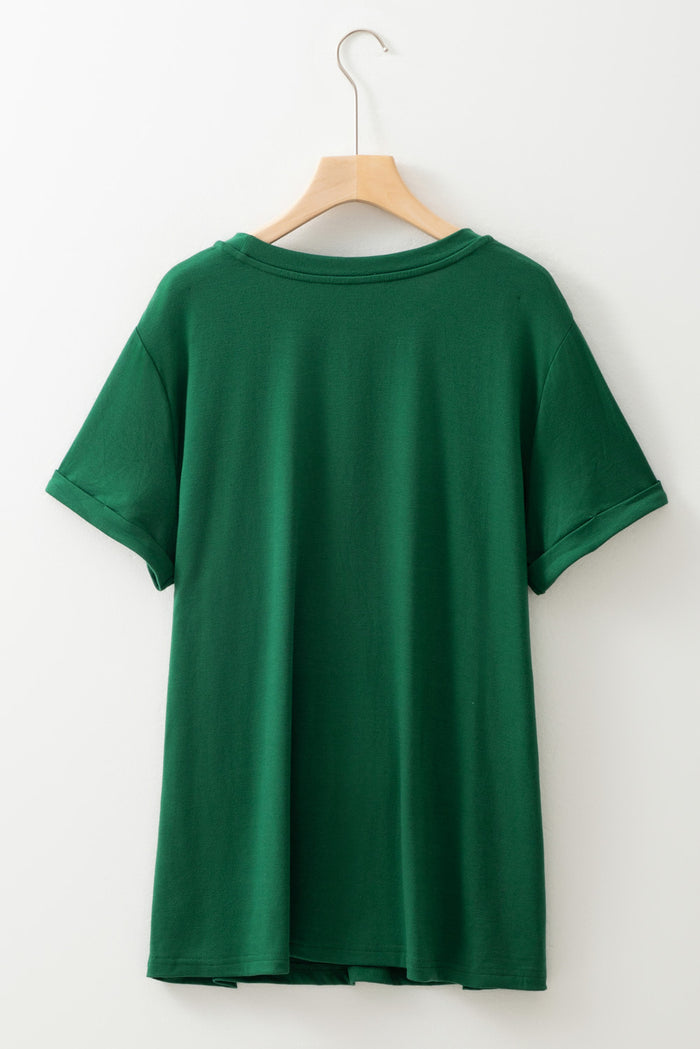 Dark Green Round Neck Rolled Sleeve Plus Size T-shirt 🇨🇳