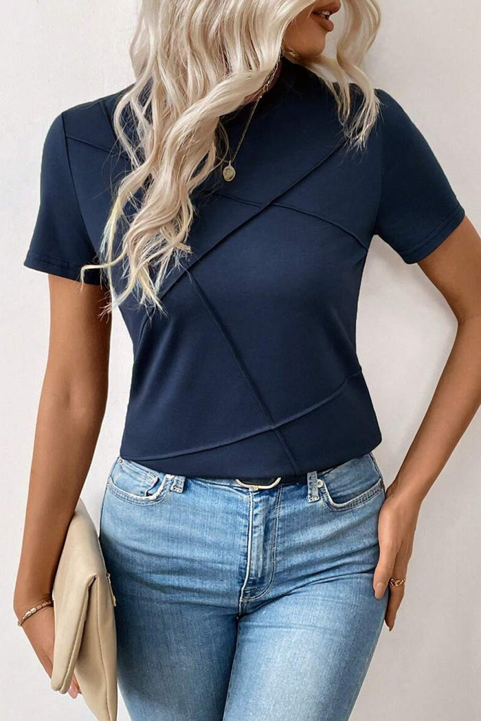 Dirty blue Solid Color Toothpick Stripe Round Neck T Shirt 🇨🇳