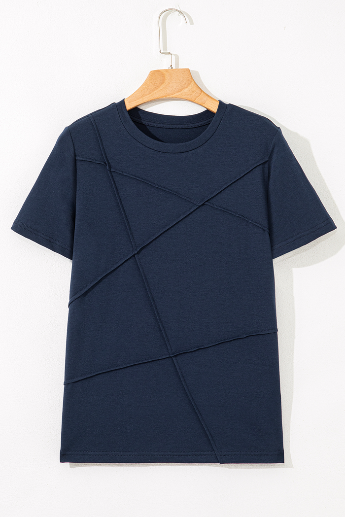 Dirty blue Solid Color Toothpick Stripe Round Neck T Shirt 🇨🇳