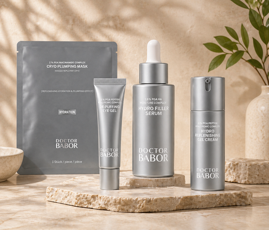 Set of Doctor Babor skincare products on a wooden surface with a natural background