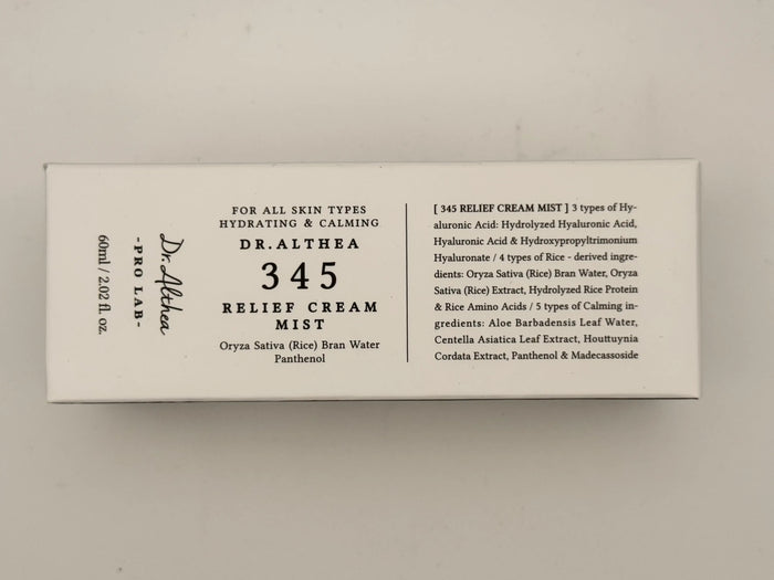 "Dr. Althea 345 Relief Cream Mist 60mL being misted on face for instant hydration and redness relief"