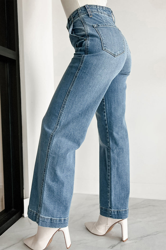 Dusk Blue Multi Buttons Medium Wash Straight Loose Leg Jeans 🇨🇳