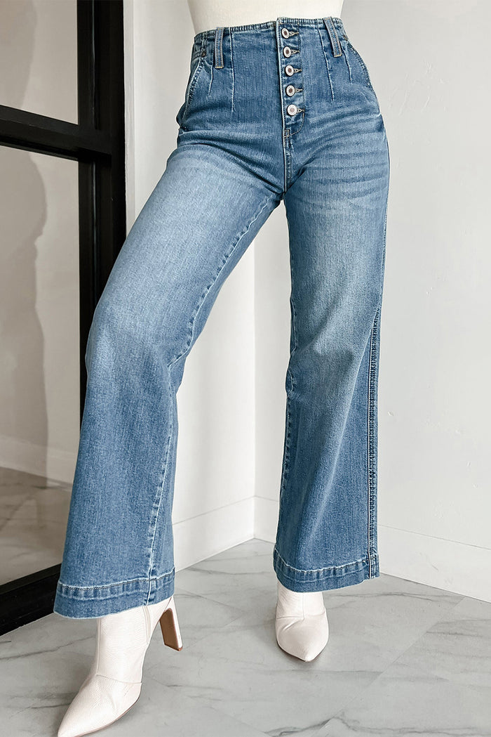Dusk Blue Multi Buttons Medium Wash Straight Loose Leg Jeans 🇨🇳