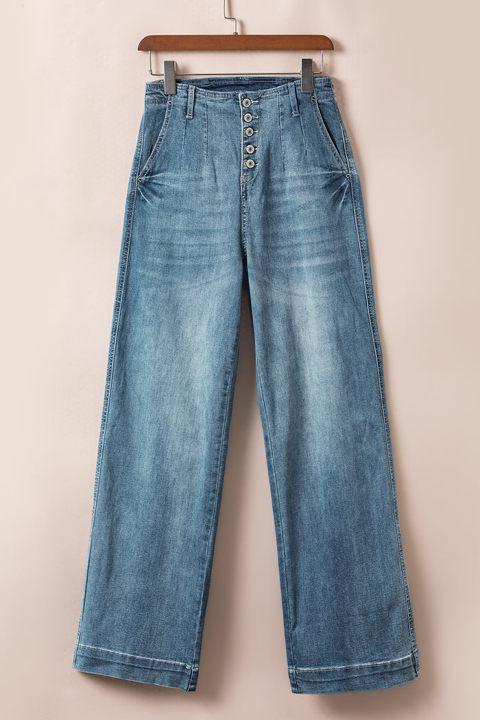 Dusk Blue Multi Buttons Medium Wash Straight Loose Leg Jeans 🇨🇳